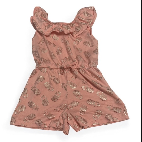 Set of 2 Girls Rompers- Green Floral and a Peach color Pineapple foil Print. - Picture 2 of 14